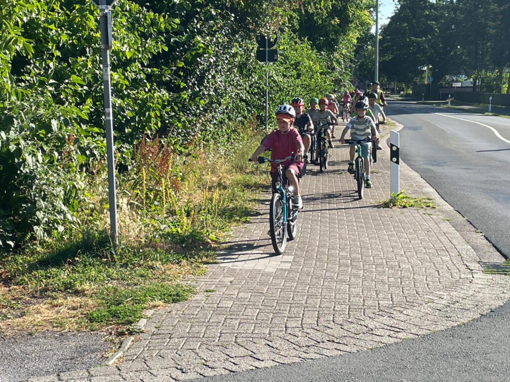 An der Marienschule in Hauenhorst herrscht hier rege Abwechslung. In dem einen Jahr geht es zu Fuß zur Hasenhöhle und mit dem Bus zurück, in einem anderen Jahr wird mit Germania Hauenhorst ein großes Fußballturnier auf die Beine gestellt und dann gibt es auch noch den Wandertag zum Spielplatz Kreyenburg. Der stand in diesem Jahr mal wieder auf dem Plan. 
Da kam der Schulleitung die Idee, diesen Wandertag im Rahmen des Stadtradelns mal so richtig zum Kilometersammeln zu nutzen. Gute Idee, fand auch die Schulpflegschaft und war sofort mit im Boot. Aber: Mit allen Klassen??? Nicht in der Woche vor den Sommerferien??? Und wie soll das überhaupt funktionieren.
Das OK war gegeben und Probleme sind zum Lösen da, also entschied sich das Schulleitungsteam für die Durchführung.
Das Kollegium war begeistert, verschiedenste Ideen wurden gesammelt, die Polizei mit ins Boot geholt und alle Eltern zum Üben des Radfahrens aufgerufen.
Und lange Rede, kurzer Sinn: Am Dienstag, also nicht im Rahmen des Stadtradelns, war es soweit. Bei bestem Wetter radelten im Schnitt pro Klasse 20 Kinder und 5 Erwachsene zeitlich versetzt von der Marienschule zur Kreyenburg und im Mittag dann auch wieder zurück.
Verkehrssicherheitsberater Andreas Kröger instruierte zu Beginn der Fahrten an der Schule alle Teilnehmer und führte jede der acht Gruppen sicher durch Hauenhorst bis zum „entspannten“ Hessenweg. Ab hier hatten die beiden „Dorfpolizisten“ für Neuenkirchen und Hauenhorst/Catenhorn, Frank Heymann und Udo Wilmer, die beste Strecke ausgearbeitet und für alle mit Wegpfeilen präpariert. So kamen die Gruppen ganz entspannt und nahezu verkehrsfrei nach Neuenkirchen, wo die beiden Bezirkspolizisten die Klassen dann noch  nacheinander sicher durch die einzige Engstelle leiteten. Besser geht es nicht.
An der Kreyenburg angekommen wurden Autoparkplätze zu Fahrradabstellplätzen, schließlich mussten über 200 Räder abgestellt werden, und dann begann ein buntes Treiben auf diesem tollen Spielplatz. Auch hier fand die Schule, dank des tollen Einsatzes zweier Kolleginnen aus Neuenkirchen, ideale Bedingungen vor. Und als dann um 10:30 Uhr auch noch der Eiswagen vorfuhr, war allen klar: Das ist nicht mehr zu toppen.
Auch der Rückweg lief dann mit lediglich einer Fahrradpanne und einem kleineren Sturz ähnlich unkompliziert wie der Hinwege.
Die Schulleitung der Marienschule zeigte sich am Ende des Tages sehr erleichtert und war voll des Lobes für dieses Projekt: „Unser Mut wurde belohnt. Ob Erstklässler oder Viertklässler mit bestandener Fahrradprüfung – heute haben alle aktiven Radler gezeigt, das solch ein ambitioniertes Vorhaben gelingen kann. Die Kids waren überragend, die vielen helfenden Eltern der Hammer und die Unterstützung durch die Polizei vorbildlich“, so Christian Hülsmann und Alex Nieweler, das Stadtradel-Captain-Team der Marienschule, die solch eine Kilometerleistung (immerhin gut 2500km an einem Tag) beim nächsten Mal doch gerne während des Stadtradelns realisieren möchten. „Schauen wir mal, was uns 2027 dazu einfällt“, so die beiden mit einem verschmitzten Lächeln im Gesicht. 
